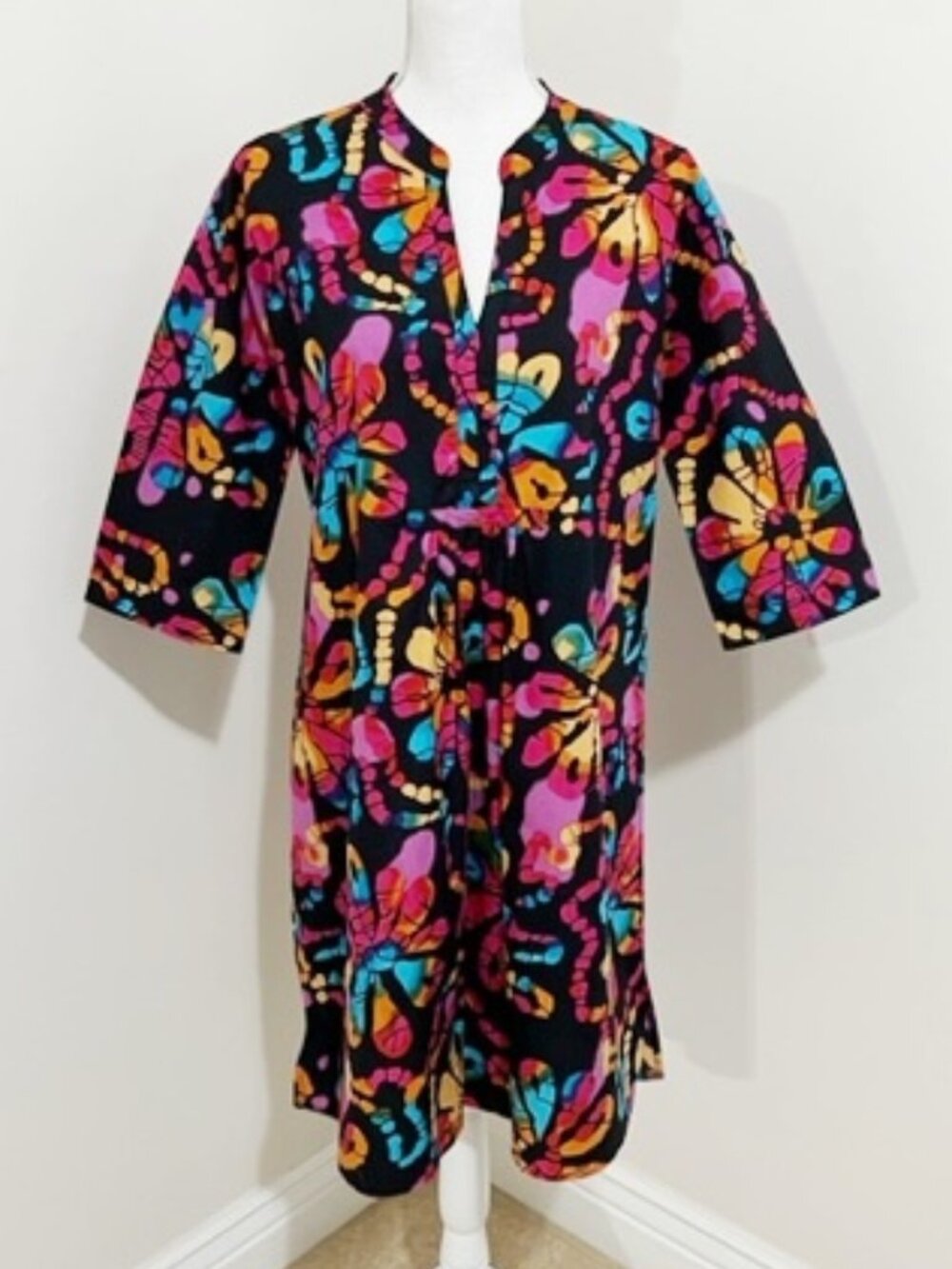 KikiSol Colorful Floral Cotton Dress 3/4 Sleeves Size M